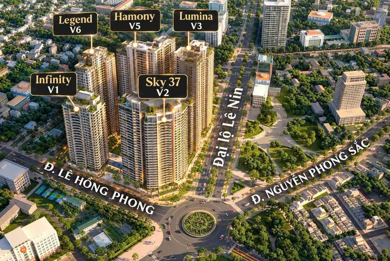 Vị trí 5 tòa Infinity V1, Sky 37 V2, Lumina V3, Harmony V5 và Legend V6 tại Sun Glory Residence Nghệ An